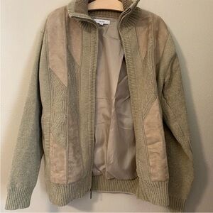 Beige and Tan Zip-Up Sweater Jacket